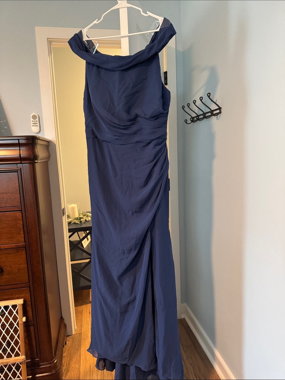 Strapless Navy Evening Gown with Draped Detail